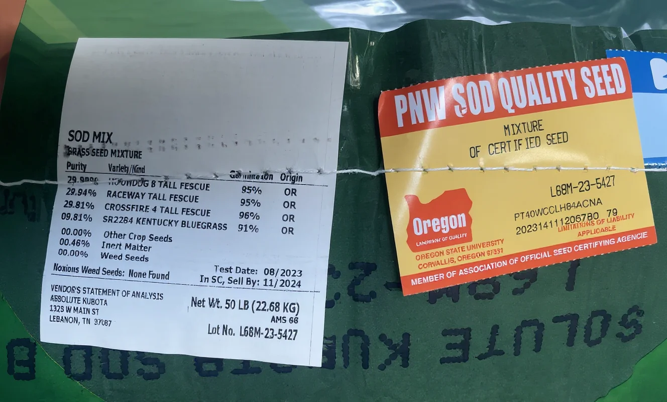 Gold tag certified sod quality fescue seed tag used by Mr. Lawn Care for overseeding Middle Tennessee